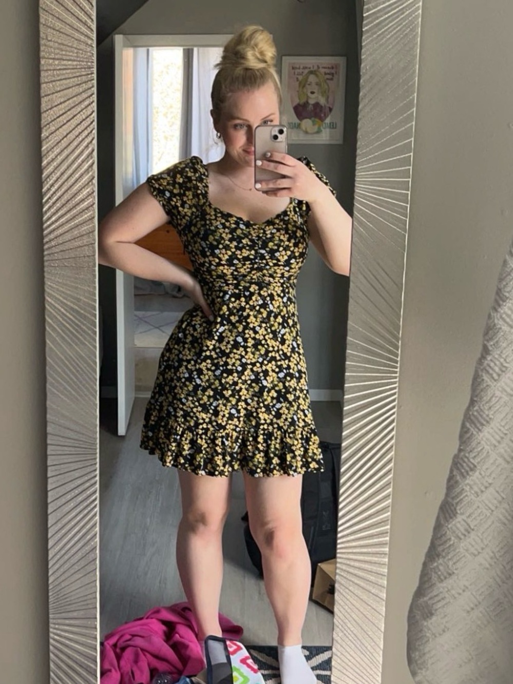 NOBO Black Mini Dress with Yellow Floral Print